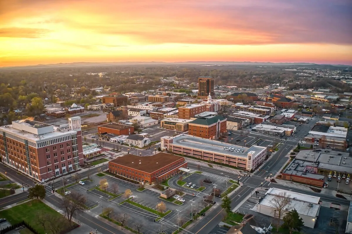 Aerial view of downtown Murfreesboro at sunset Aerial view of downtown Murfreesboro at sunset